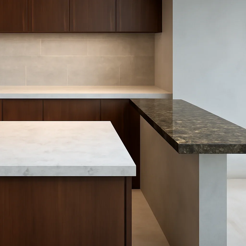 Installed countertops, backsplashes & bar tops work in an architectural setting