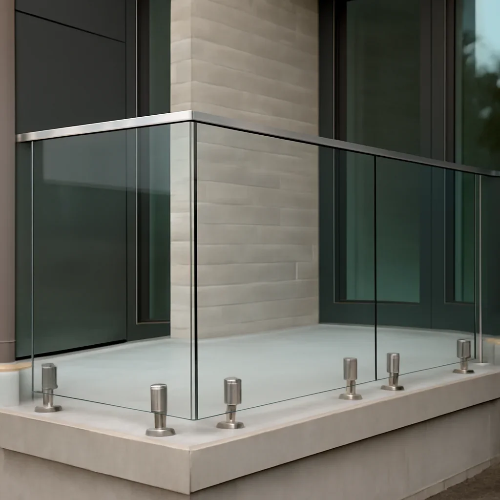 Installed e. residence glass stand-off railings work in an architectural setting