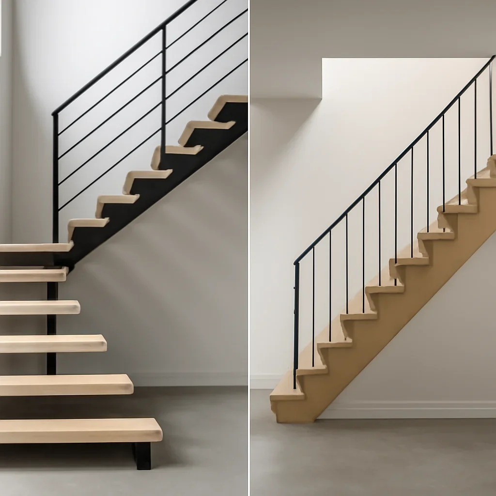 Installed open riser vs closed riser stairs work in an architectural setting