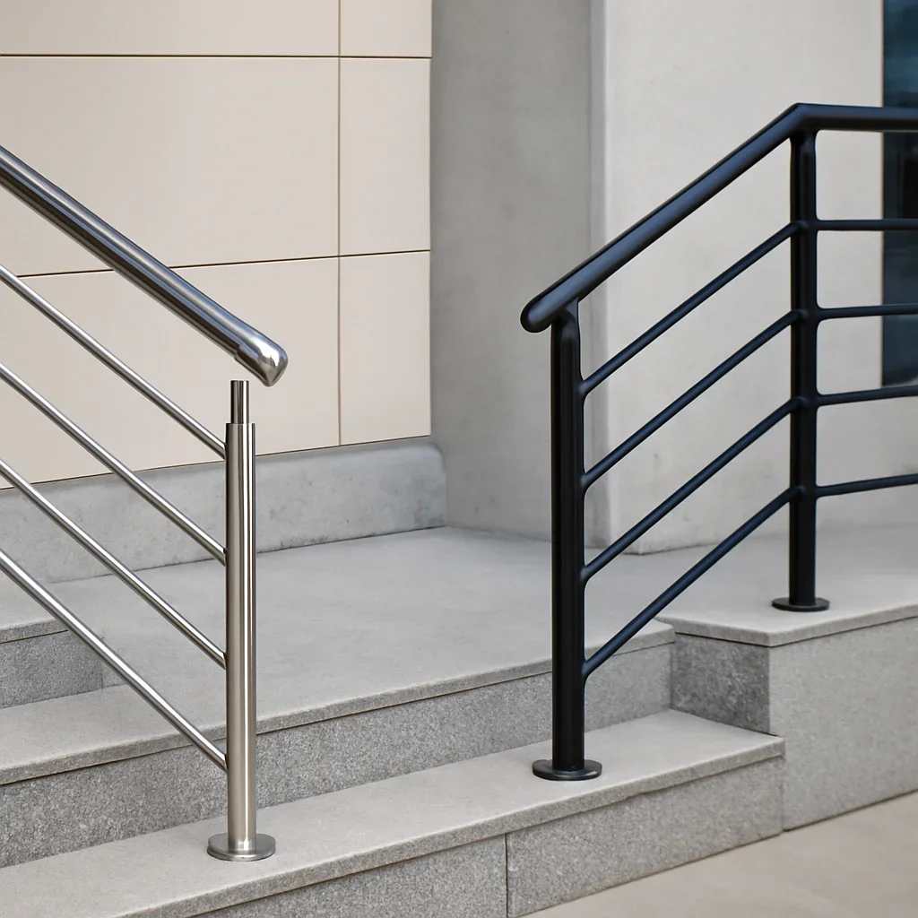 Installed stainless steel vs powder-coated steel railings work in an architectural setting