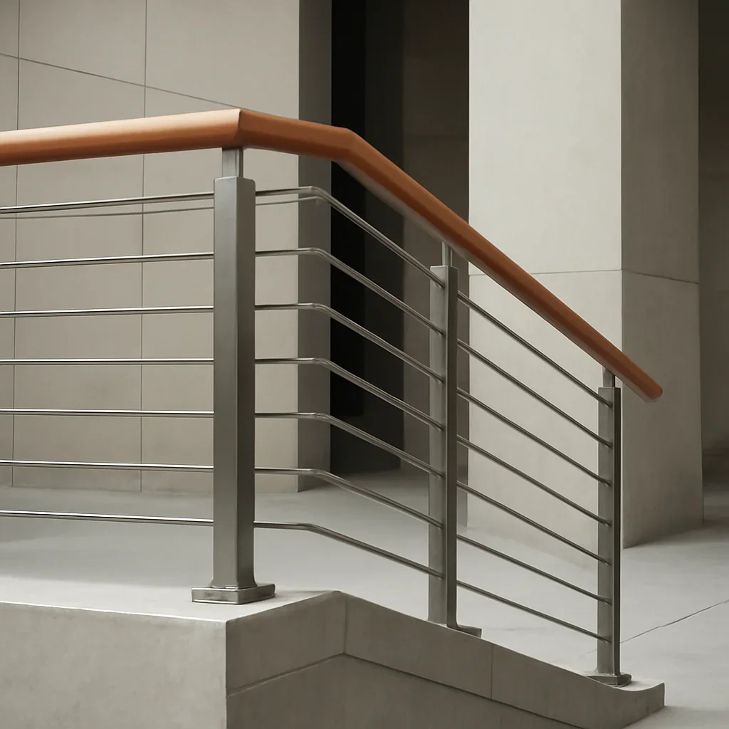 Installed mixed-material railings work in an architectural setting