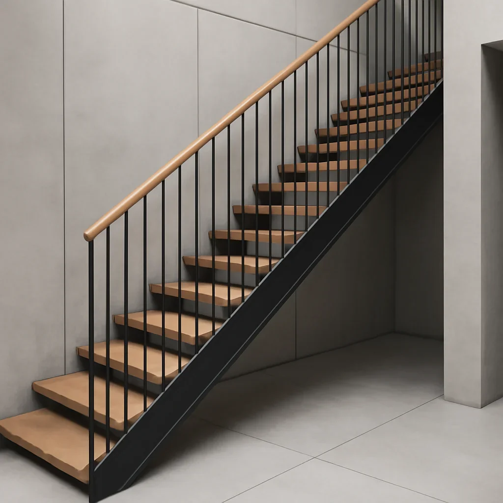Installed wood & metal stairs work in an architectural setting