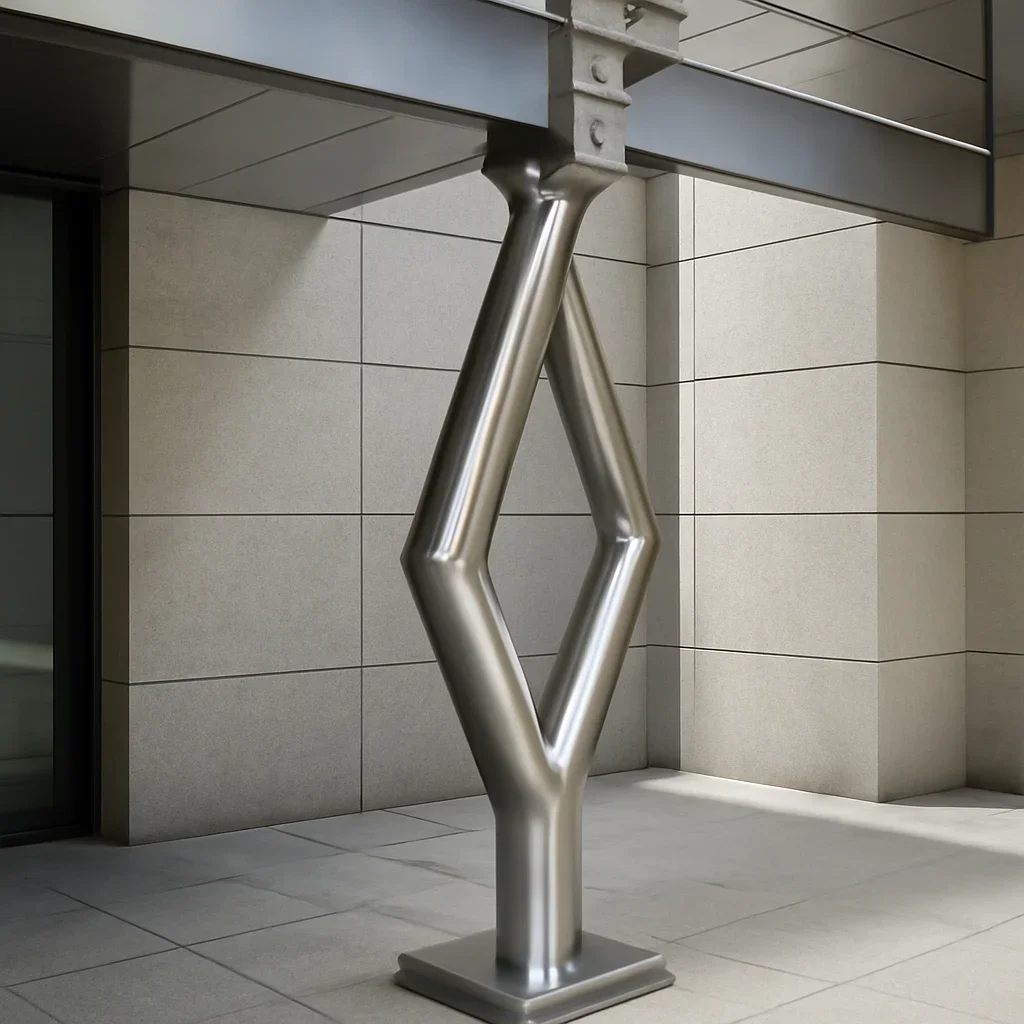 Installed stainless steel fabrication work in an architectural setting