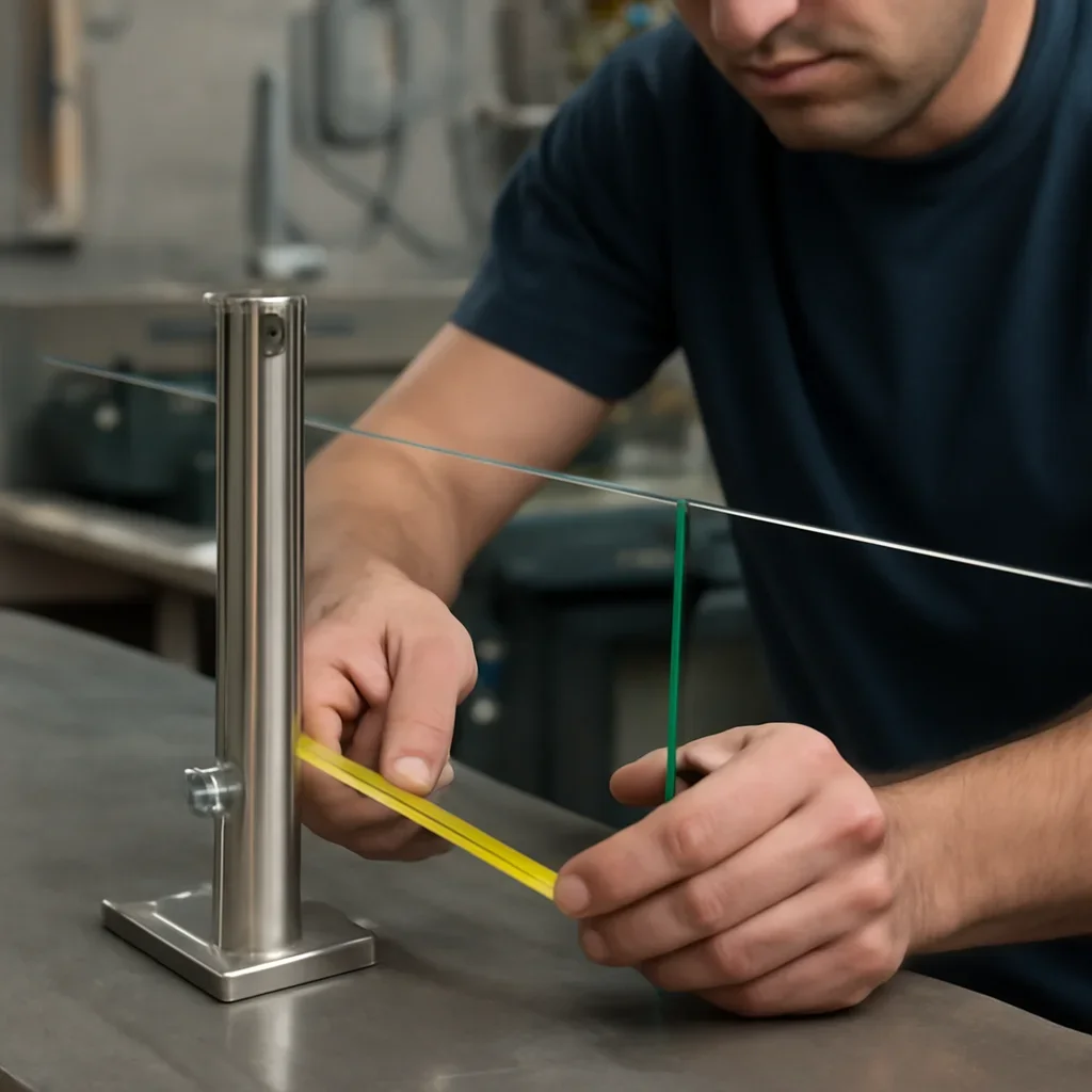 Fabrication and fit-up process for stand-off glass railings