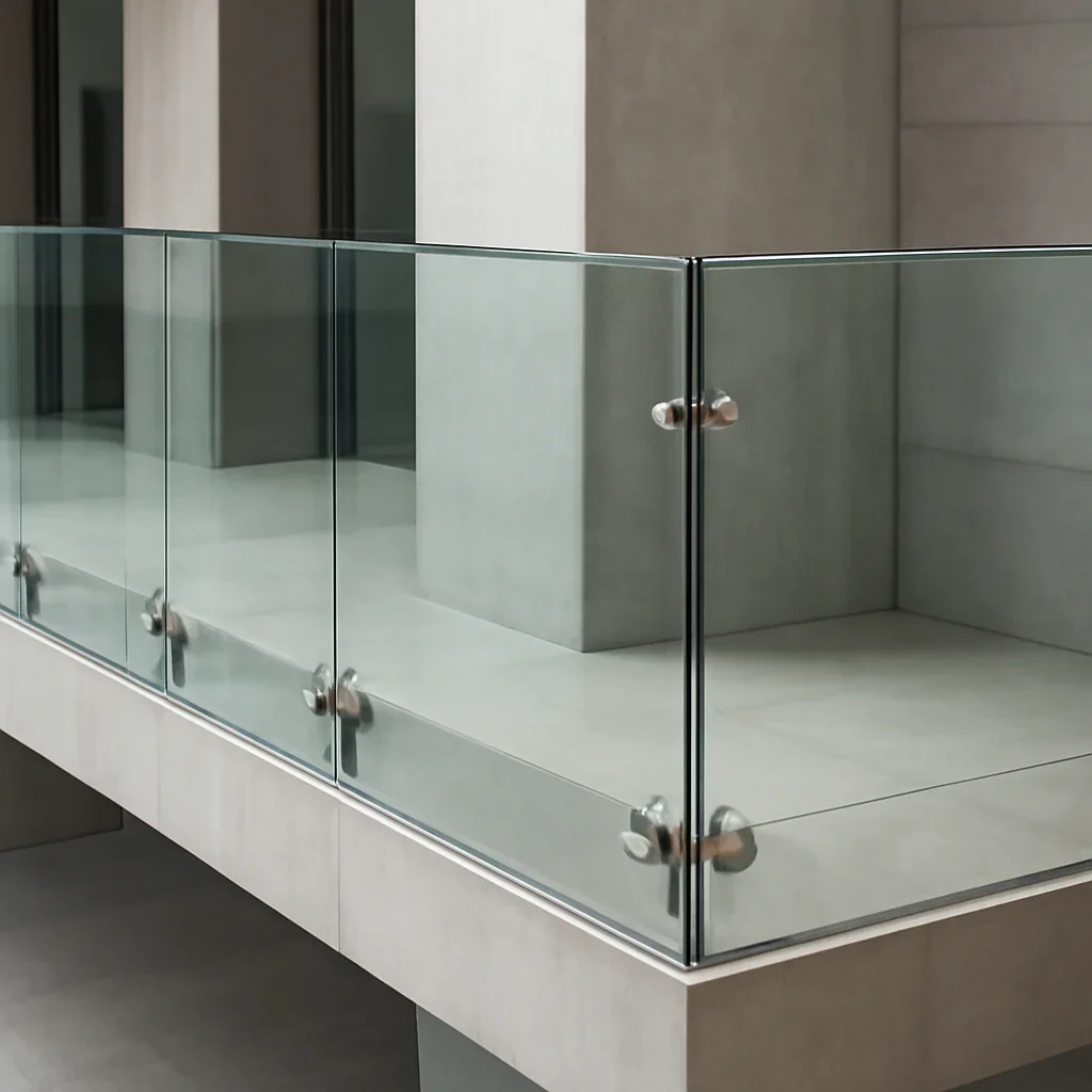 Installed stand-off glass railings work in an architectural setting