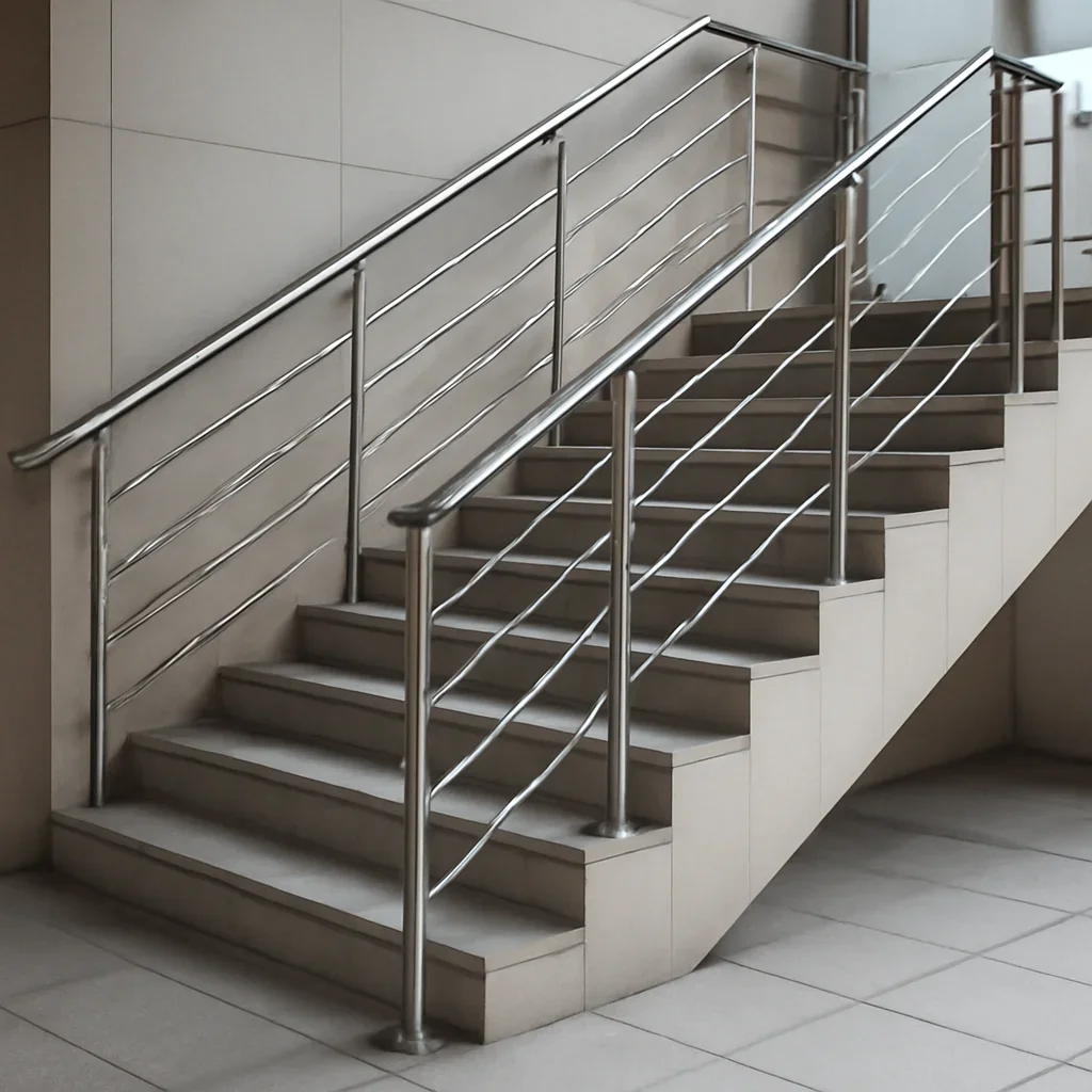 Installed steel railings work in an architectural setting