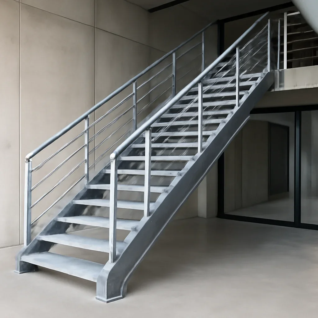 Installed commercial metal stairs work in an architectural setting