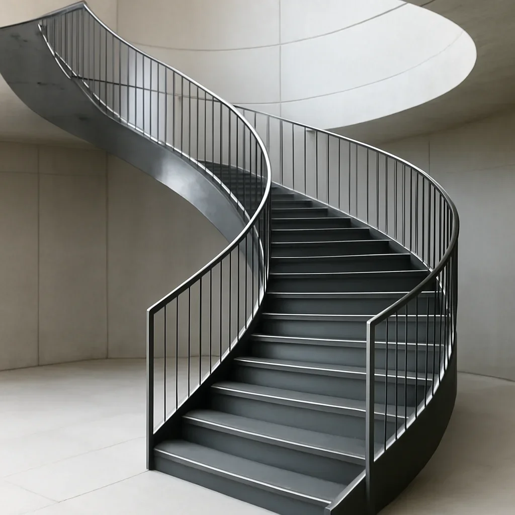 Installed curved metal stairs work in an architectural setting
